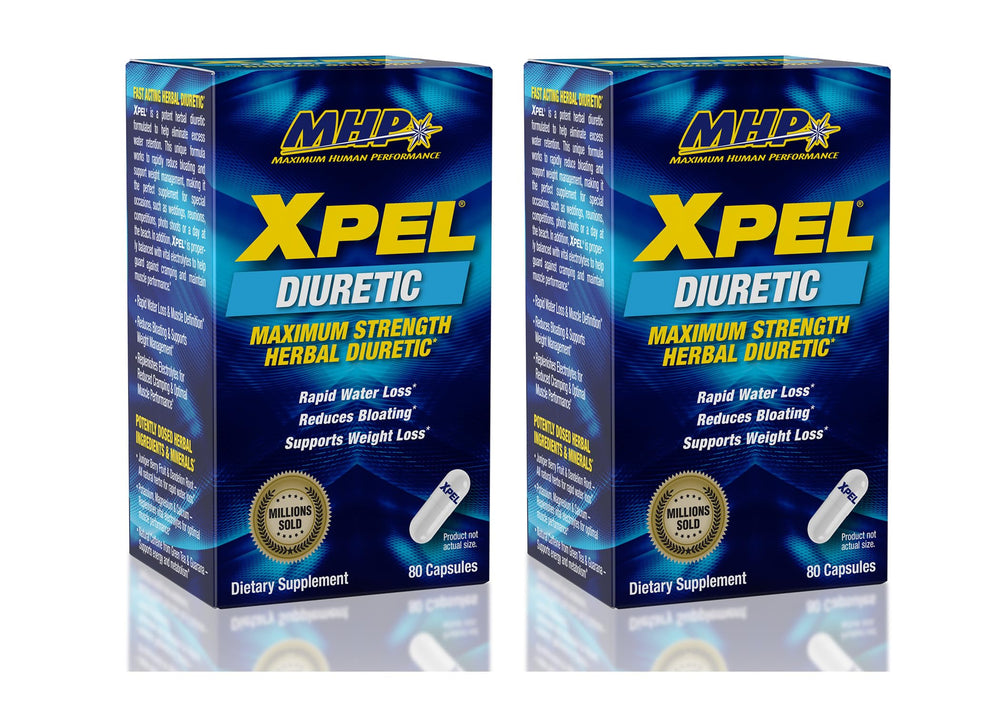 MHP Xpel bottle front view highlighting a potent diuretic formula for temporary water balance.