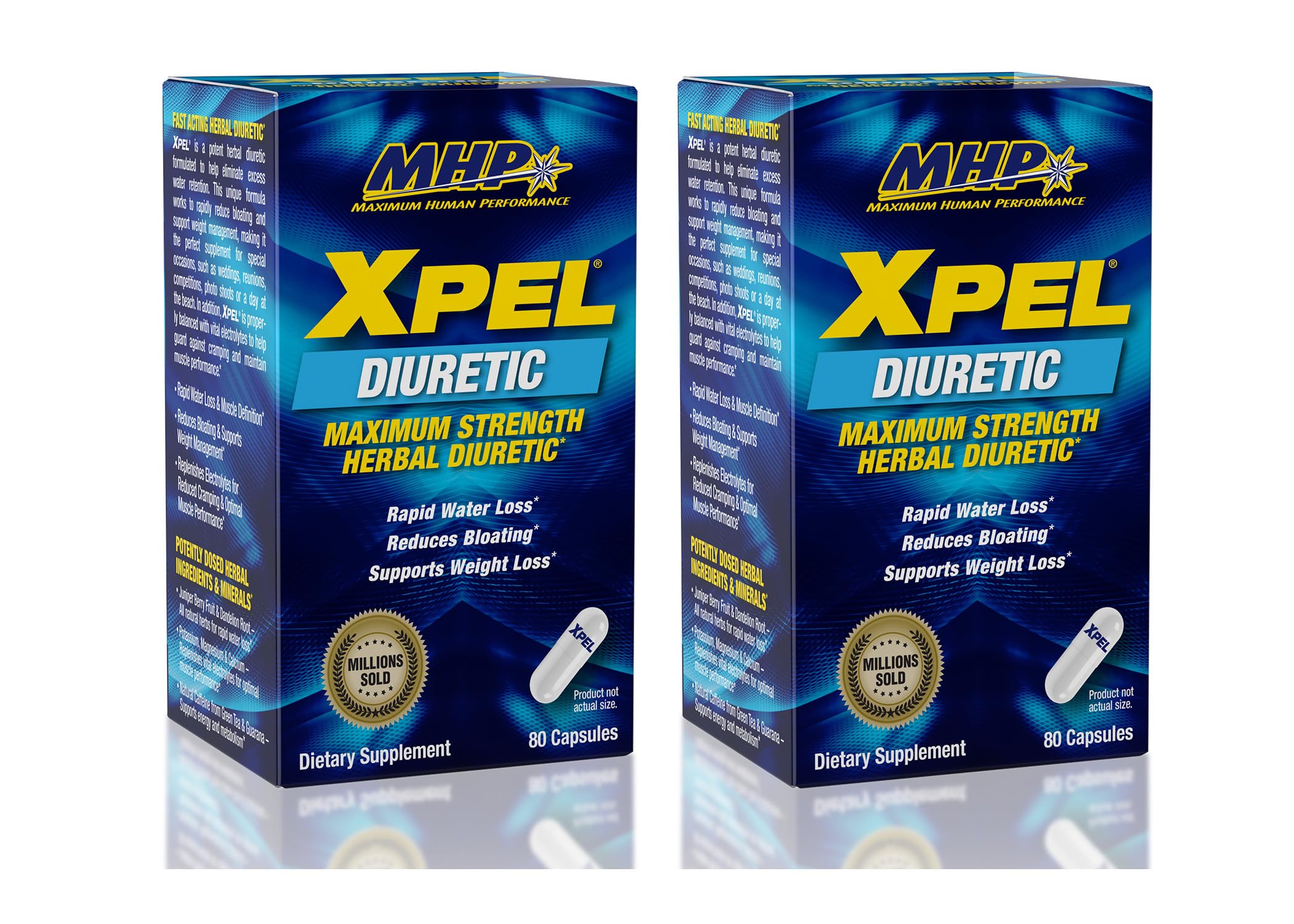 MHP Xpel bottle front view highlighting a potent diuretic formula for temporary water balance.