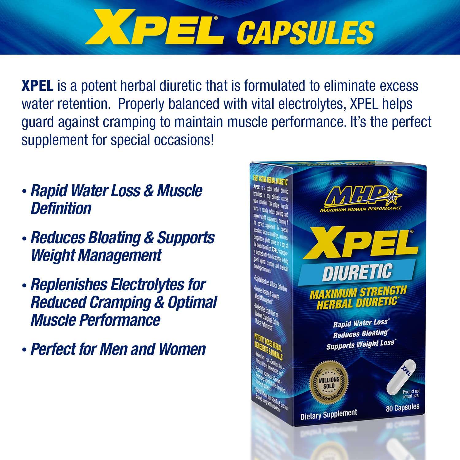 MHP Xpel bottle side label showing ingredients and electrolyte balance for muscle support.