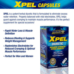 MHP Xpel bottle side label showing ingredients and electrolyte balance for muscle support.