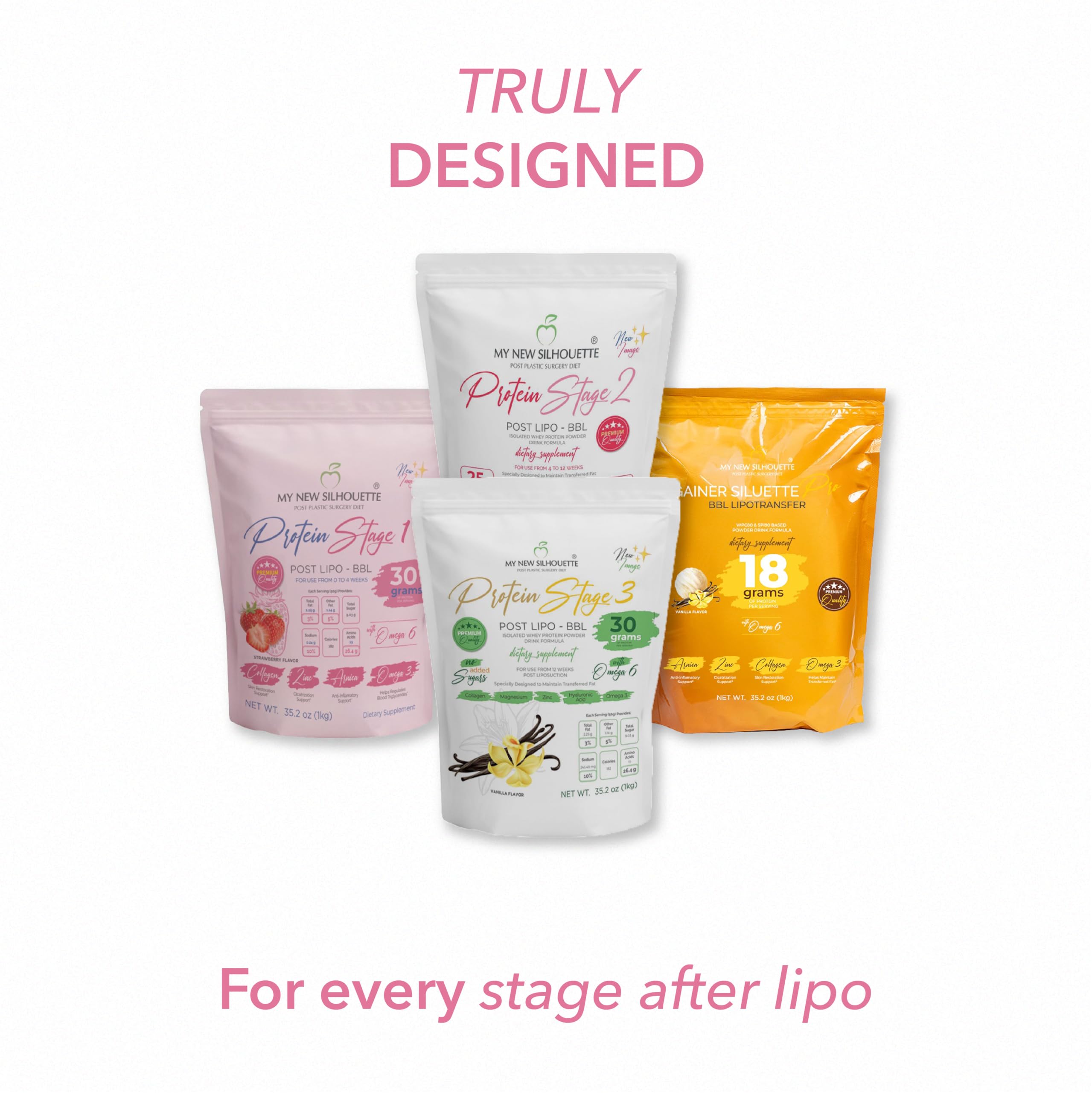 MI NUEVA SILUETA Stage 1 packaging designed for post-surgery nutrition.