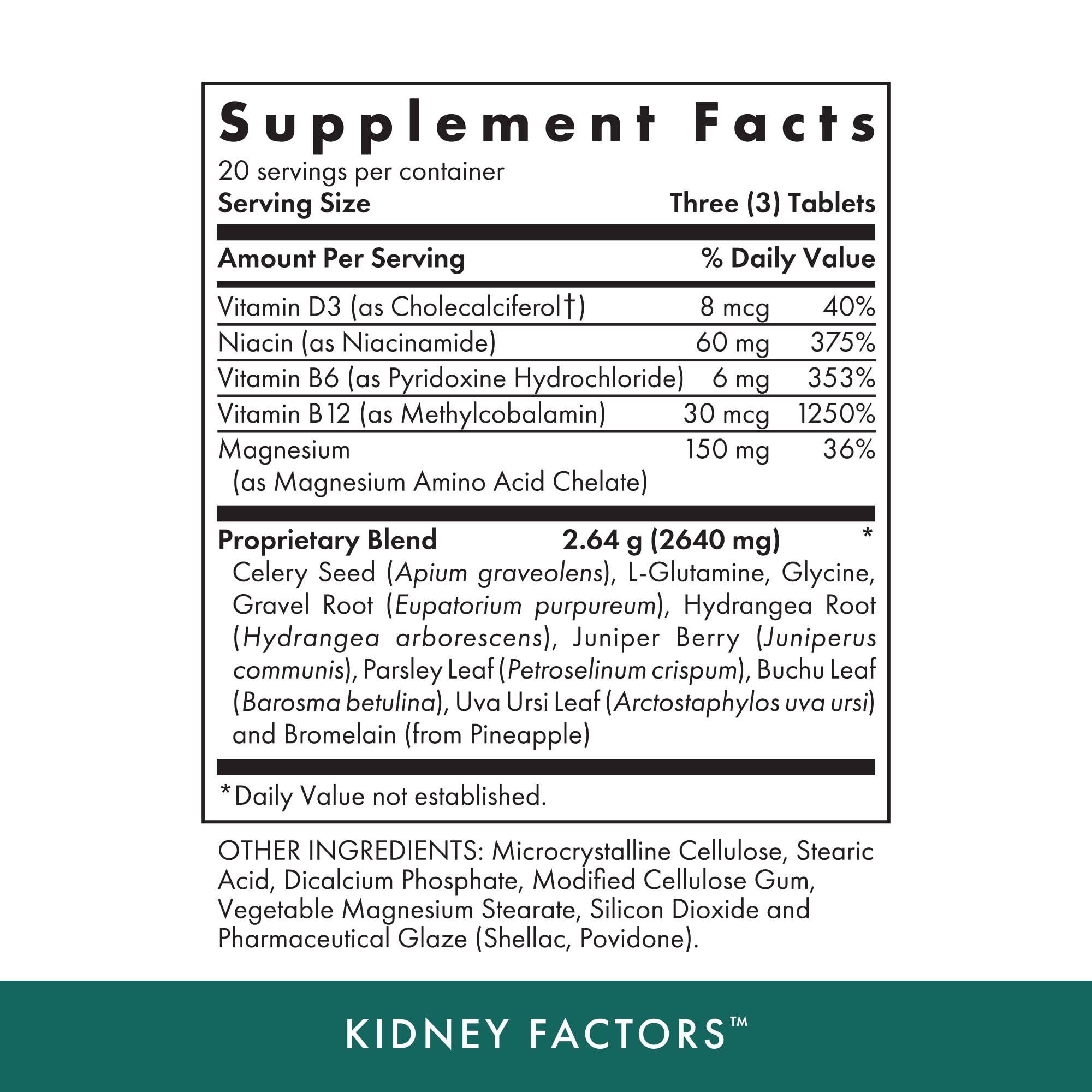 Close-up of Kidney Factors bottle label highlighting gluten free and kosher