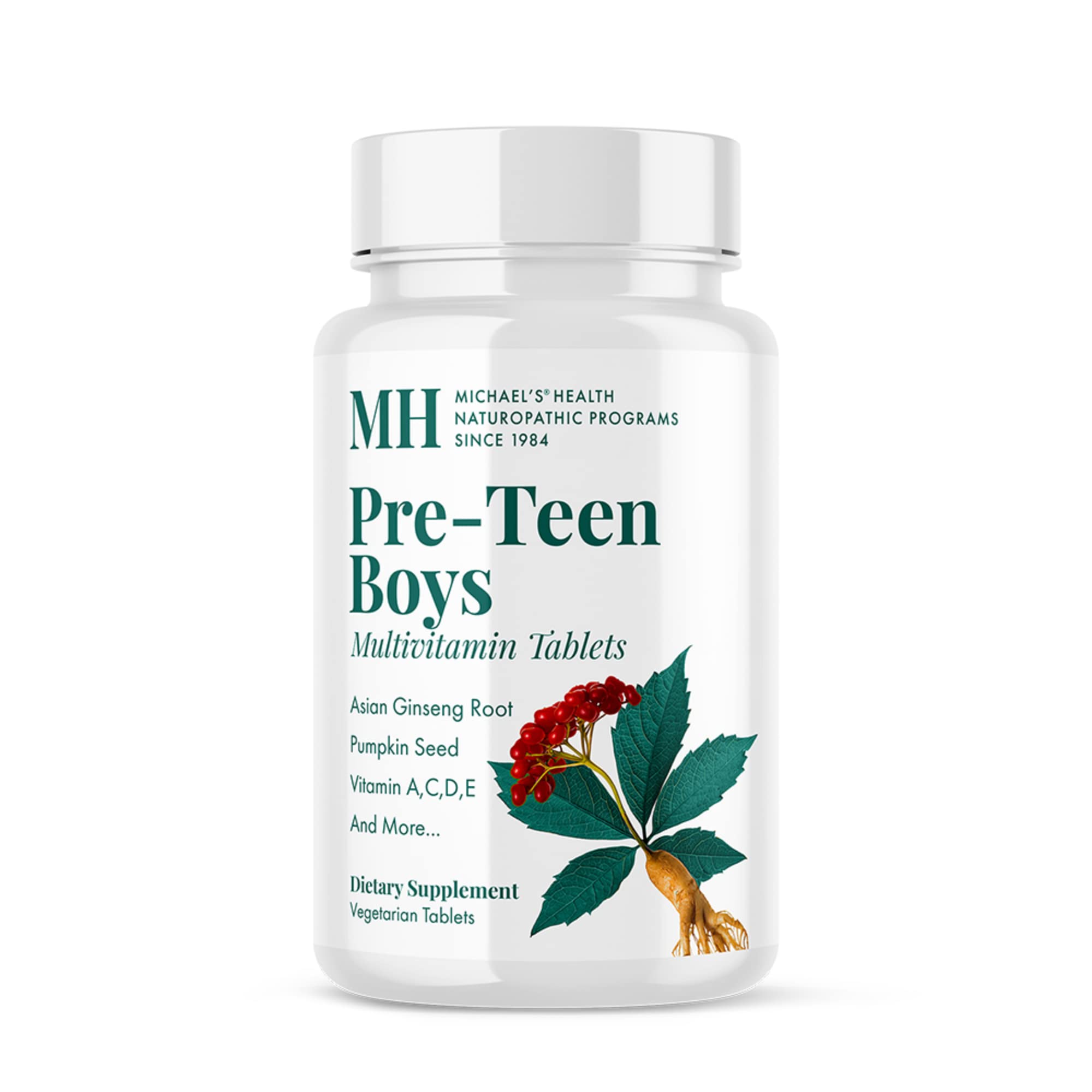 Front view of MICHAEL'S Health Naturopathic Pre-Teen Boys Daily Multivitamin bottle