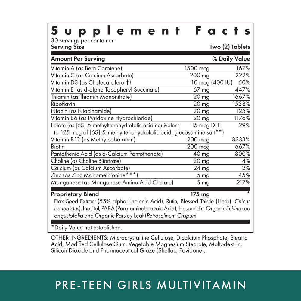 Close-up of the Michael's Health Naturopathic Pre-Teen Girls bottle label