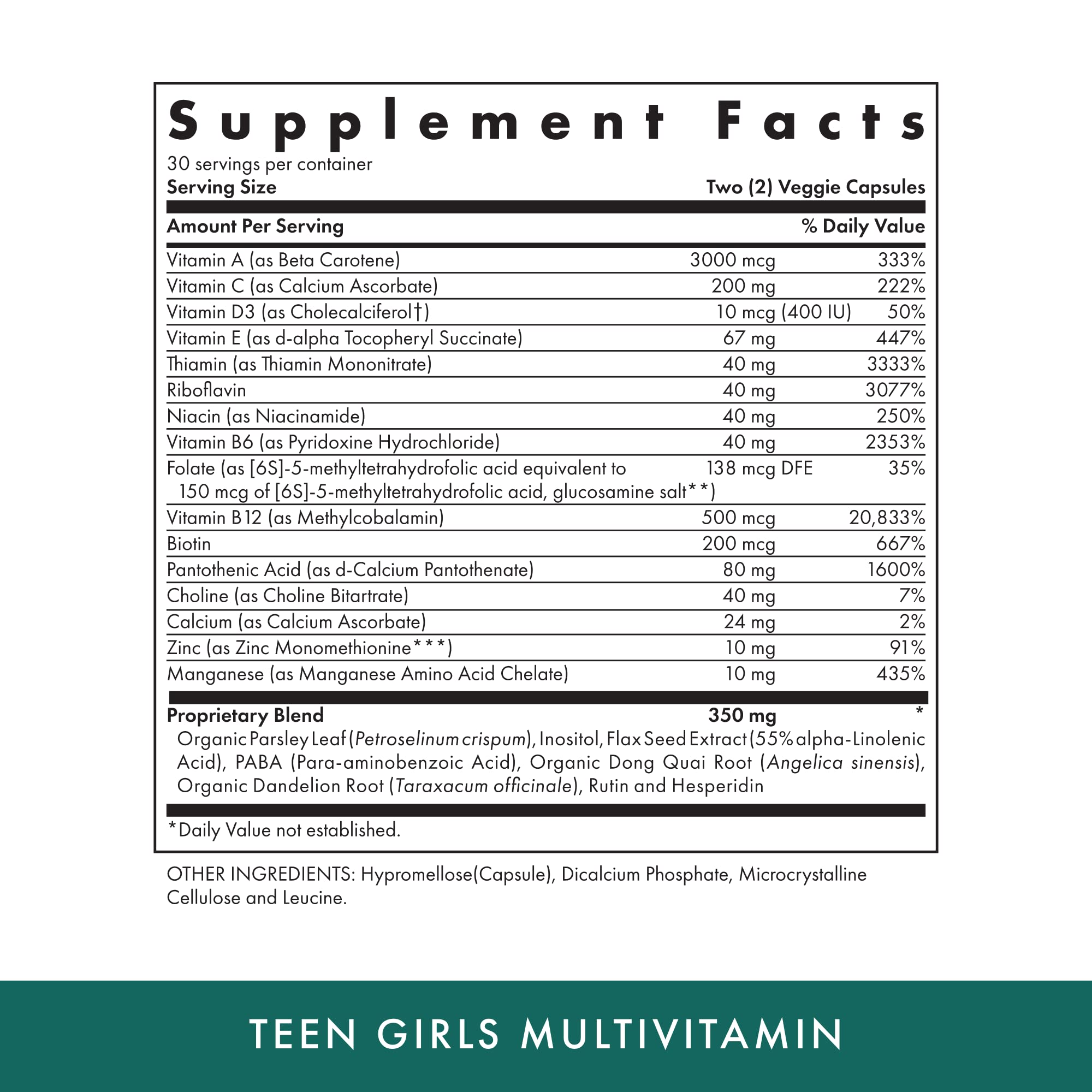 Close-up of vegetarian capsules from MICHAEL'S Health Teen Girls multivitamin