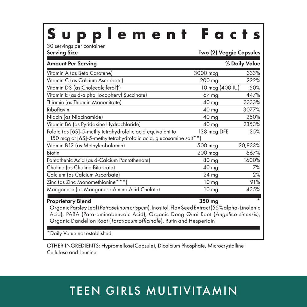 Close-up of vegetarian capsules from MICHAEL'S Health Teen Girls multivitamin
