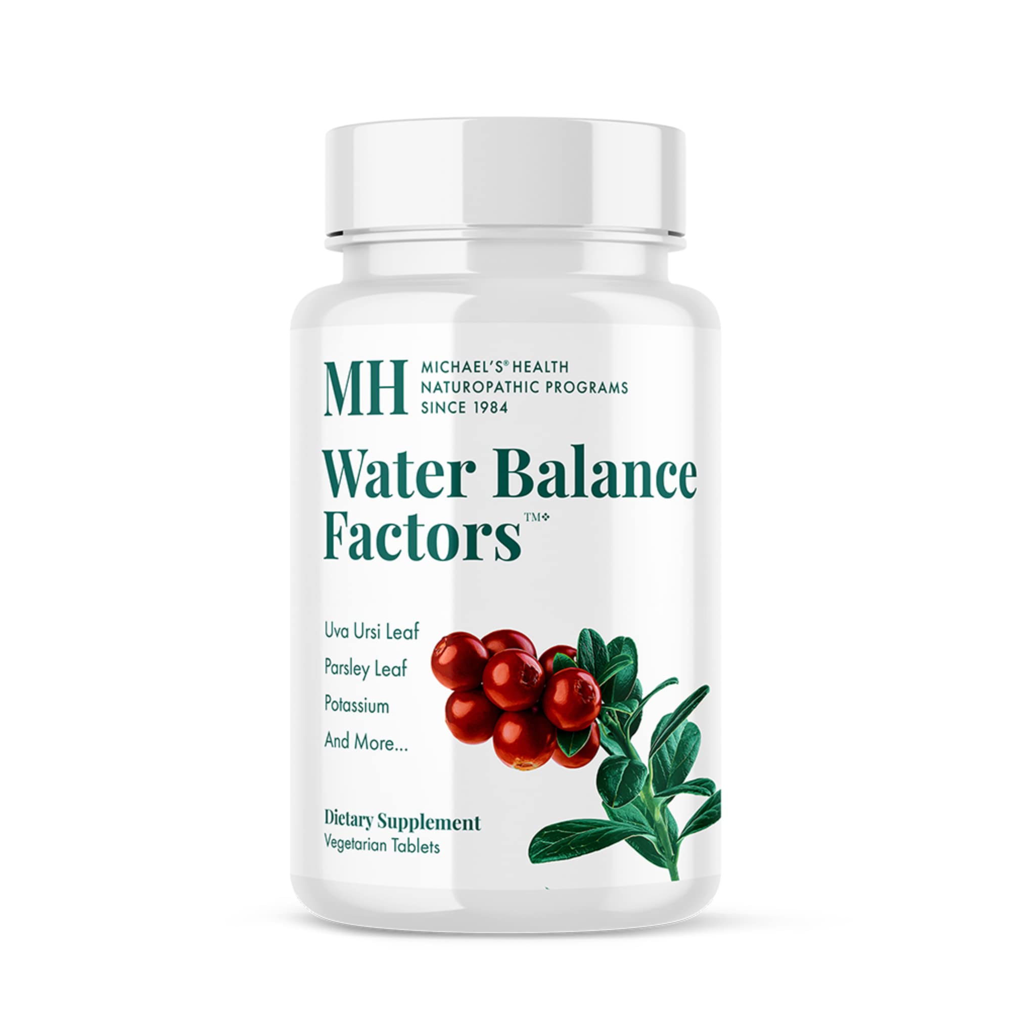MICHAEL'S Water Balance Factors bottle front, showing compact tablets for daily fluid balance support.