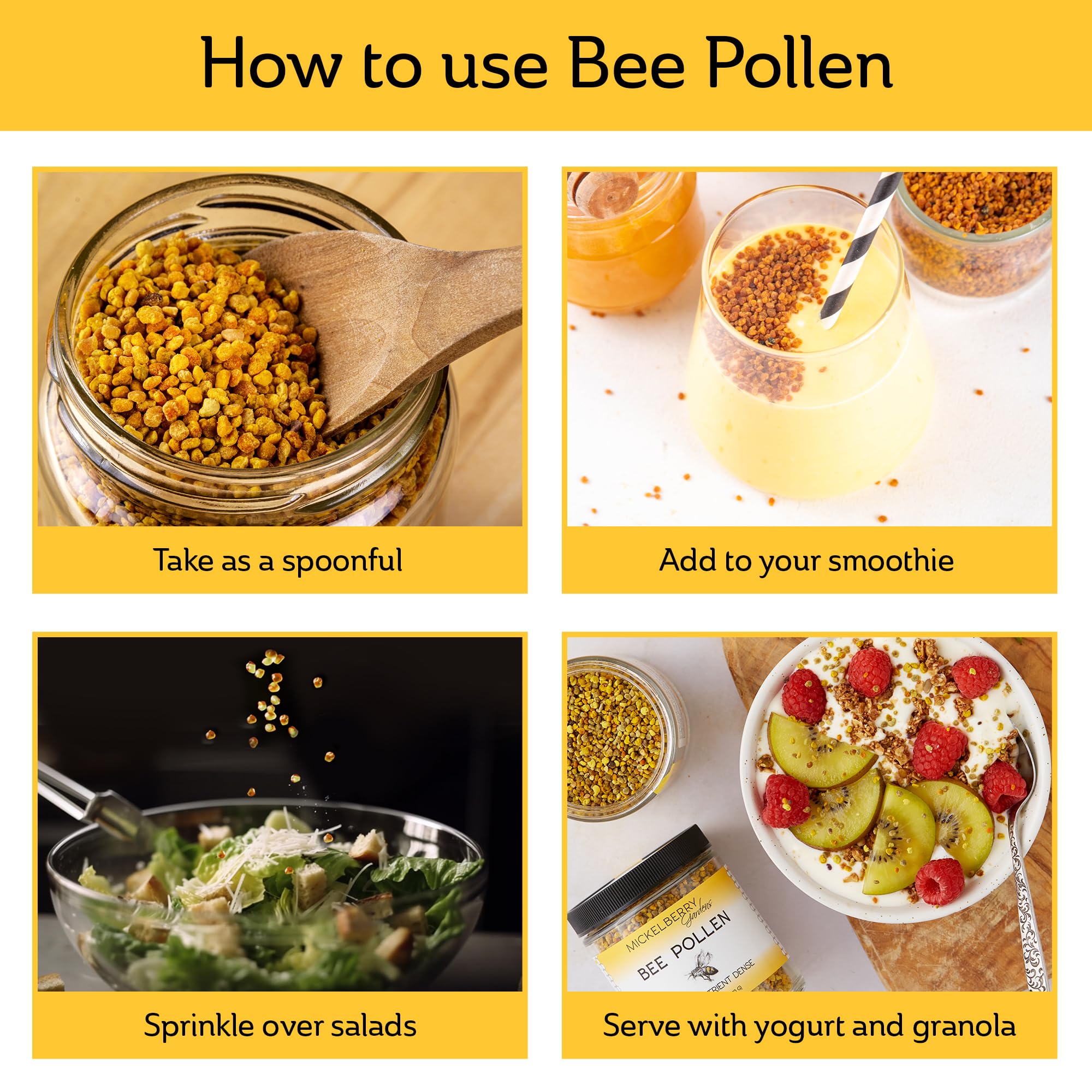 6 oz jar of Mickelberry Gardens bee pollen granules