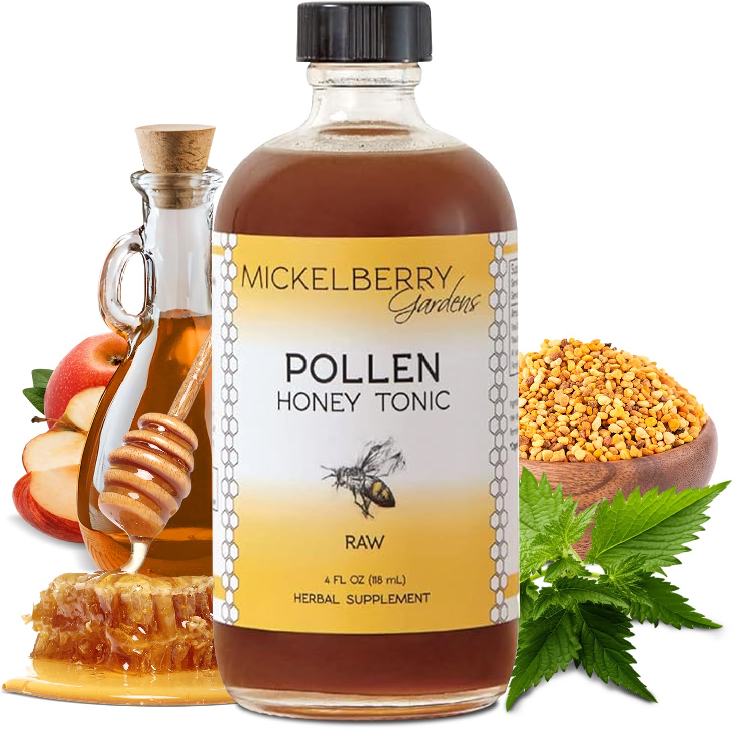 Front view of Mickelberry Gardens Pollen Honey Tonic bottle, 4 oz