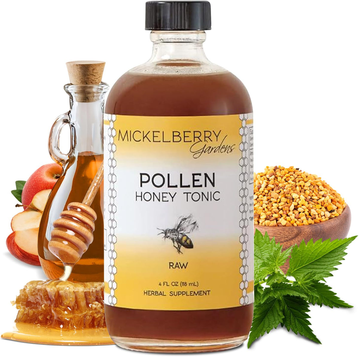 Front view of Mickelberry Gardens Pollen Honey Tonic bottle, 4 oz