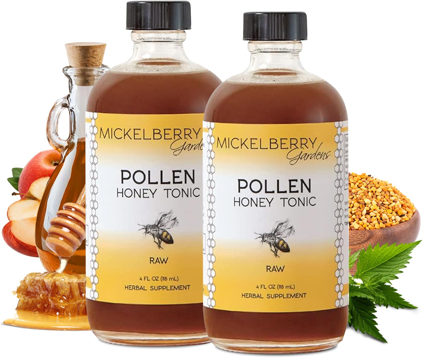 Hero image: Mickelberry Gardens Pollen Honey Tonic bottle on white background