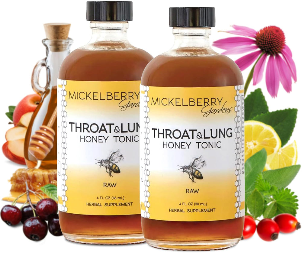 Front view of Mickelberry Gardens Throat & Lung Honey Tonic bottle