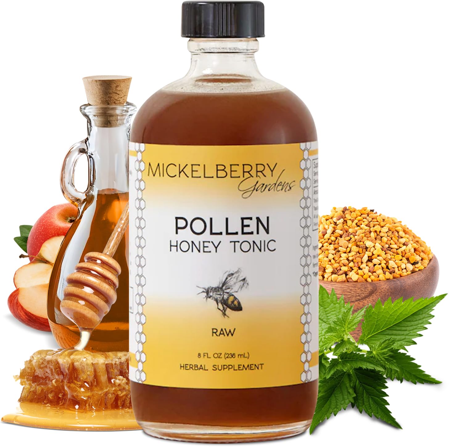 Bottle of Mickelberry Gardens Pollen Honey Tonic on a rustic wooden surface
