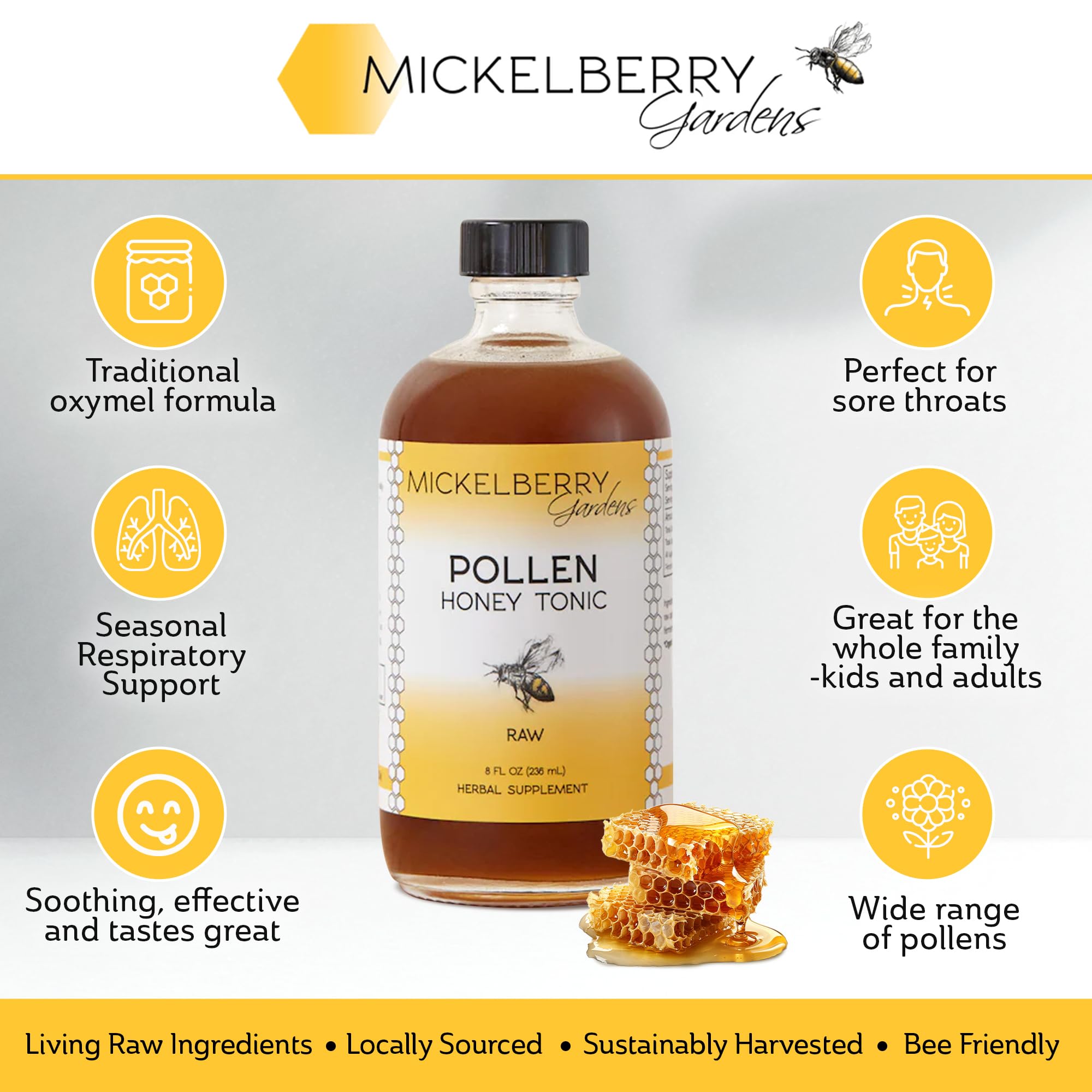 Close-up of the Mickelberry Gardens Pollen Honey Tonic label