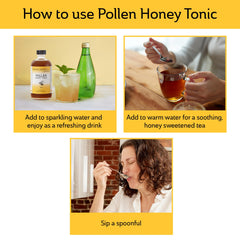Pouring Mickelberry Gardens Pollen Honey Tonic into a glass with lemon