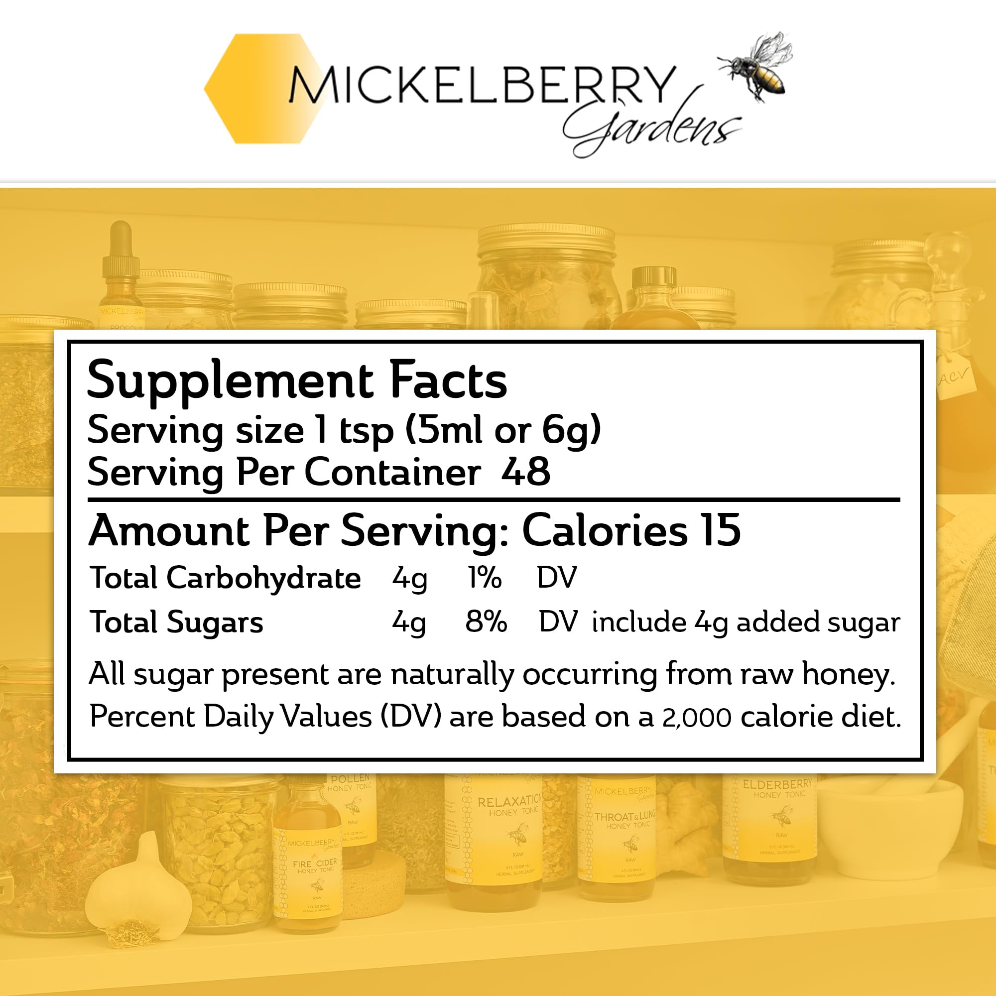 Front view of 8 oz bottle of Mickelberry Gardens Pollen Honey Tonic