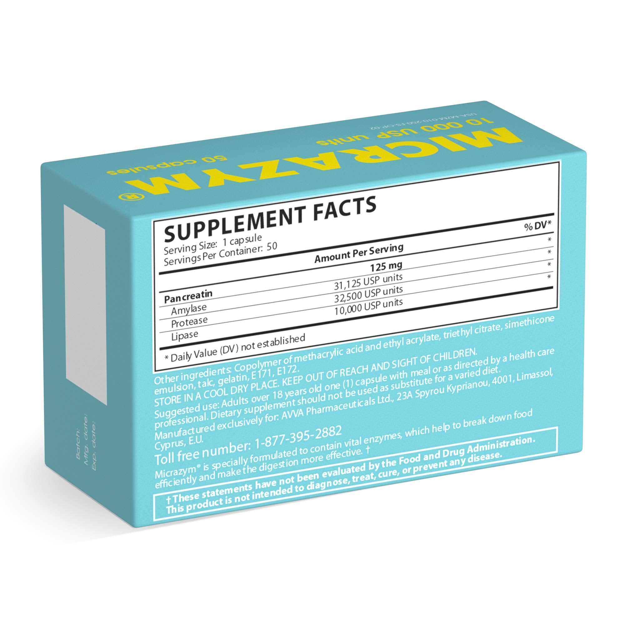 50 fast-acting Micrazym AVVA pancreatic enzyme capsules