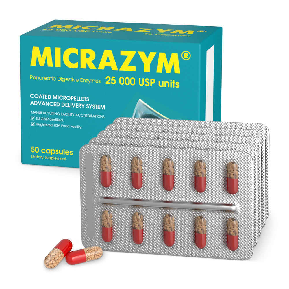 Box showing Micrazym pancreatic enzyme product with 50 capsules