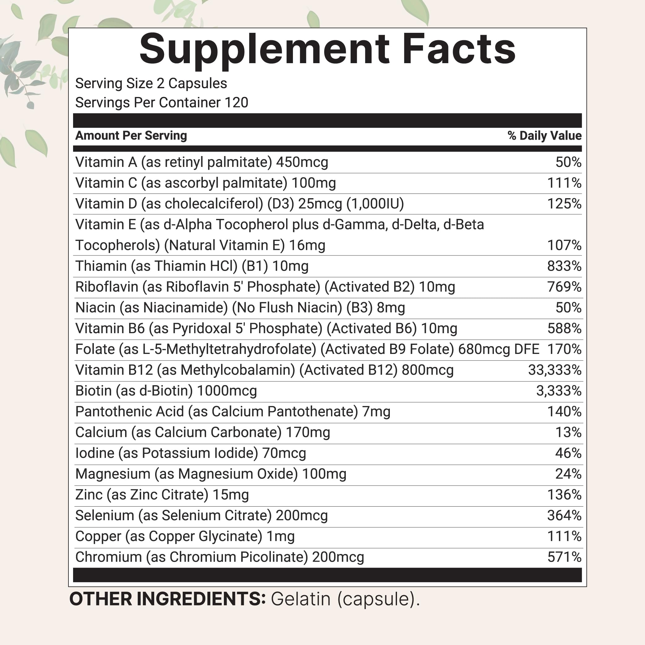 Close-up of product label showing 19-in-1 formula and methylated vitamins