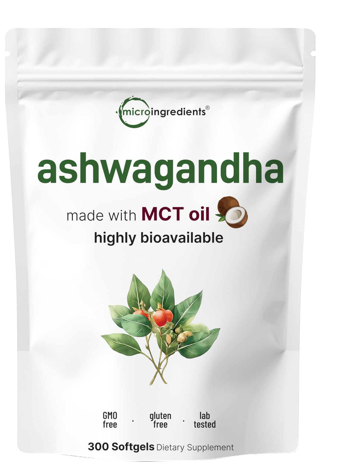 Front view of Micro Ingredients Ashwagandha 300 softgels bottle