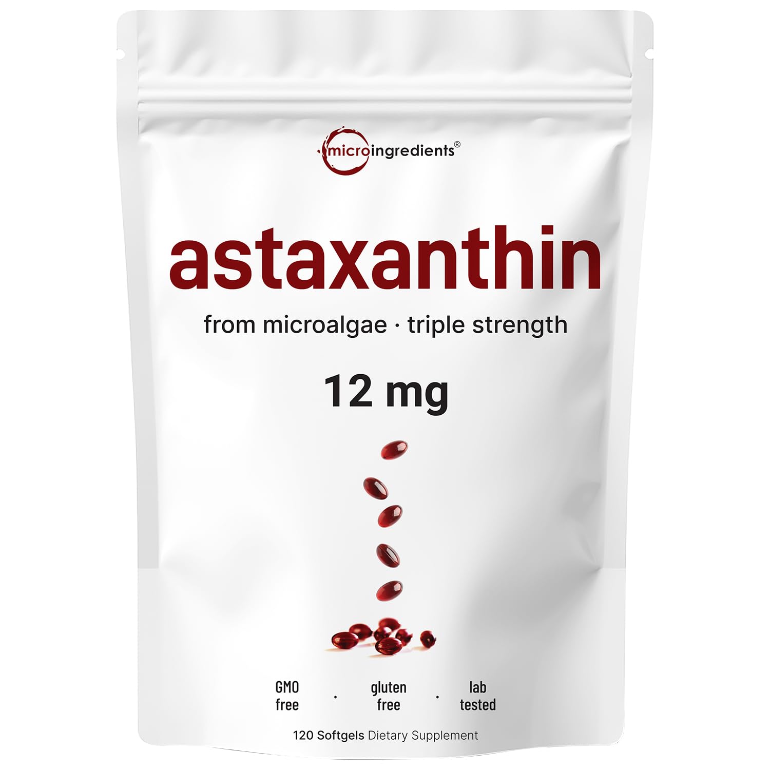 Micro Ingredients Astaxanthin bottle highlights premium antioxidant formula.