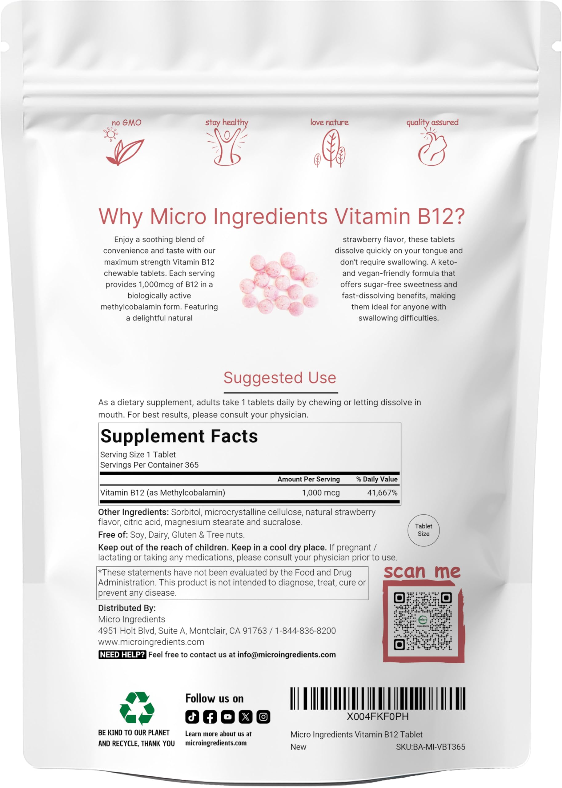 Close-up of strawberry-flavored Vitamin B12 chewable tablets (1,000 mcg, methylcobalamin)