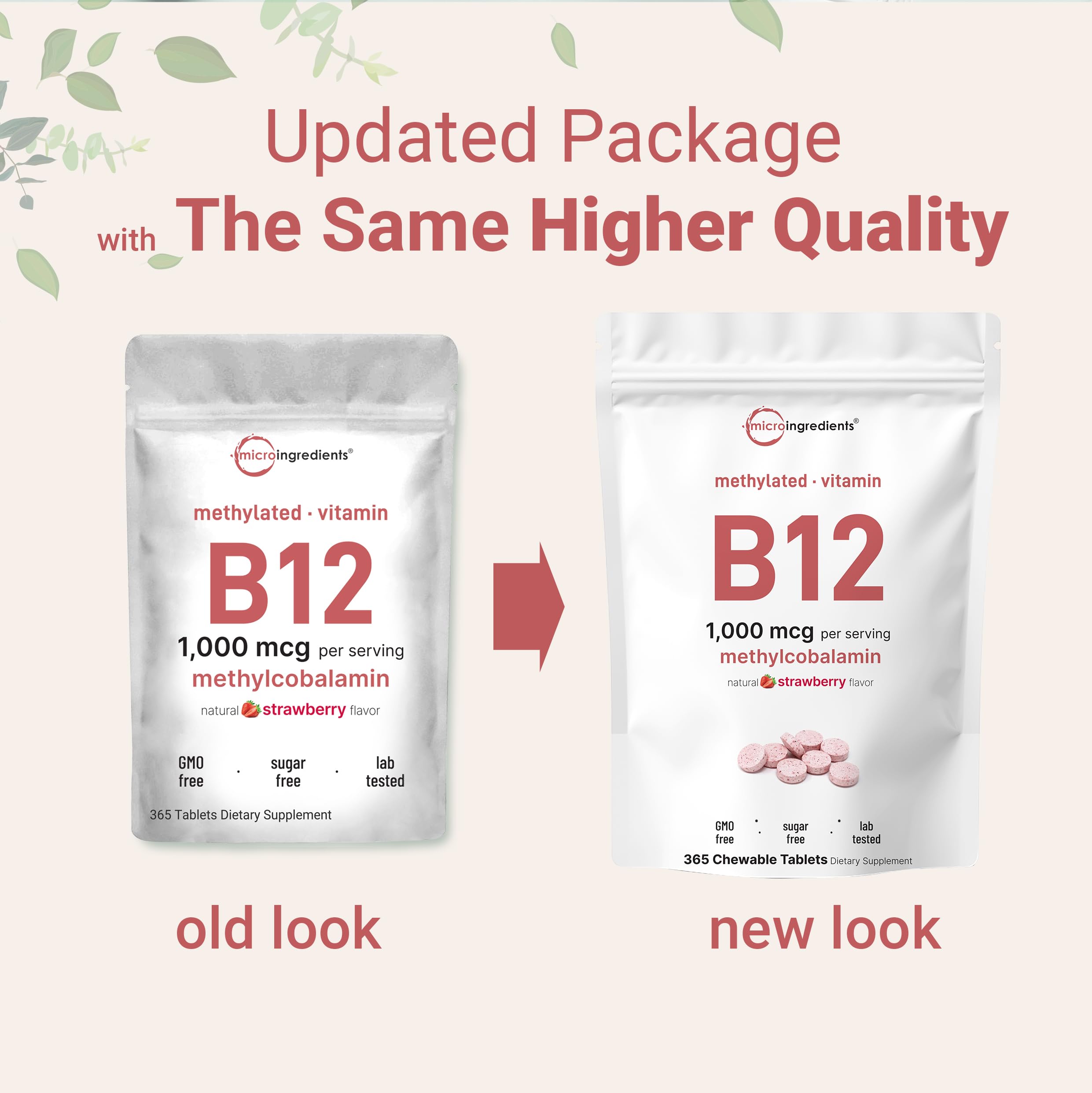 Packaging image showing 365 chewable strawberry B12 tablets