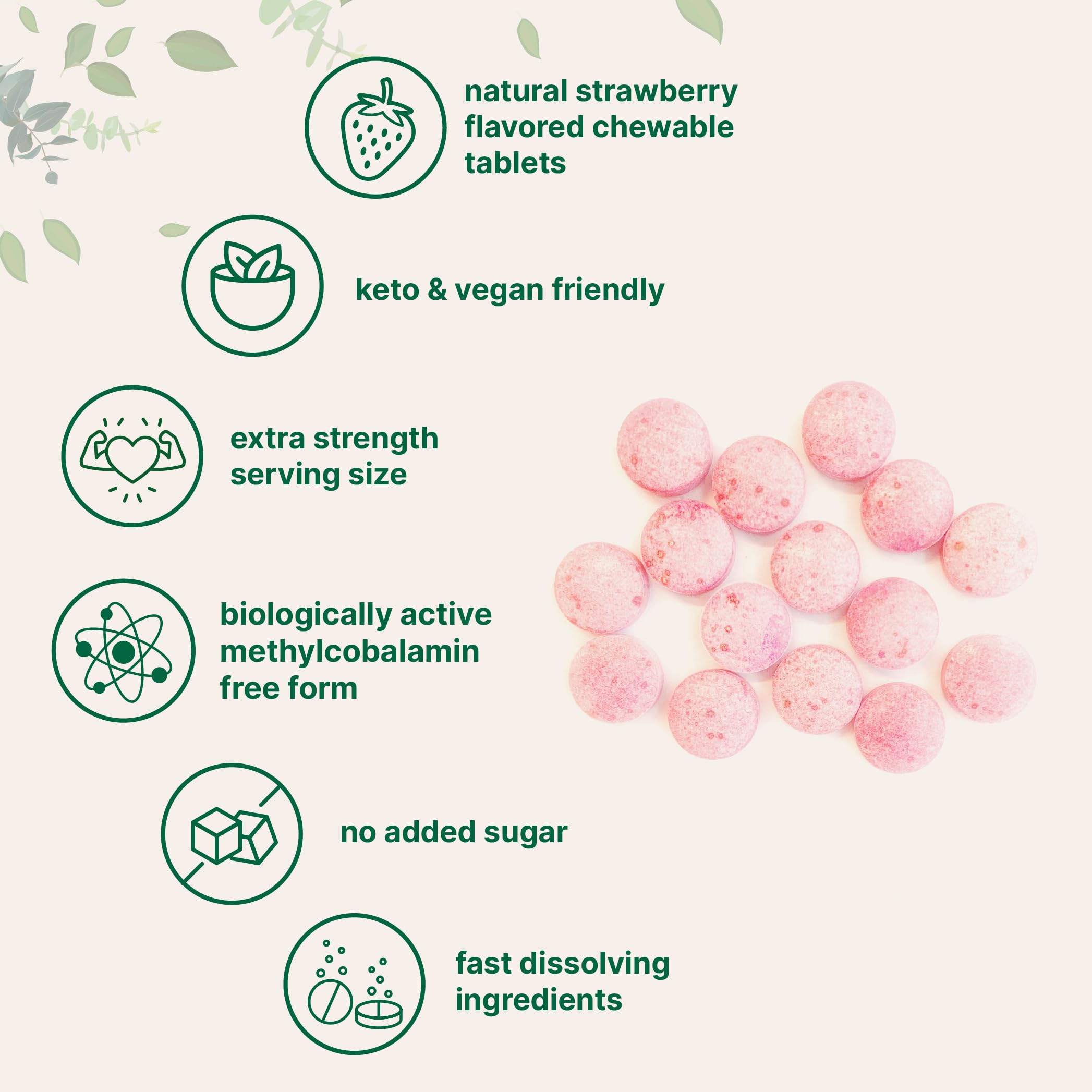 Vitamin B12 chewable tablets with vegan, non-GMO, gluten-free labeling