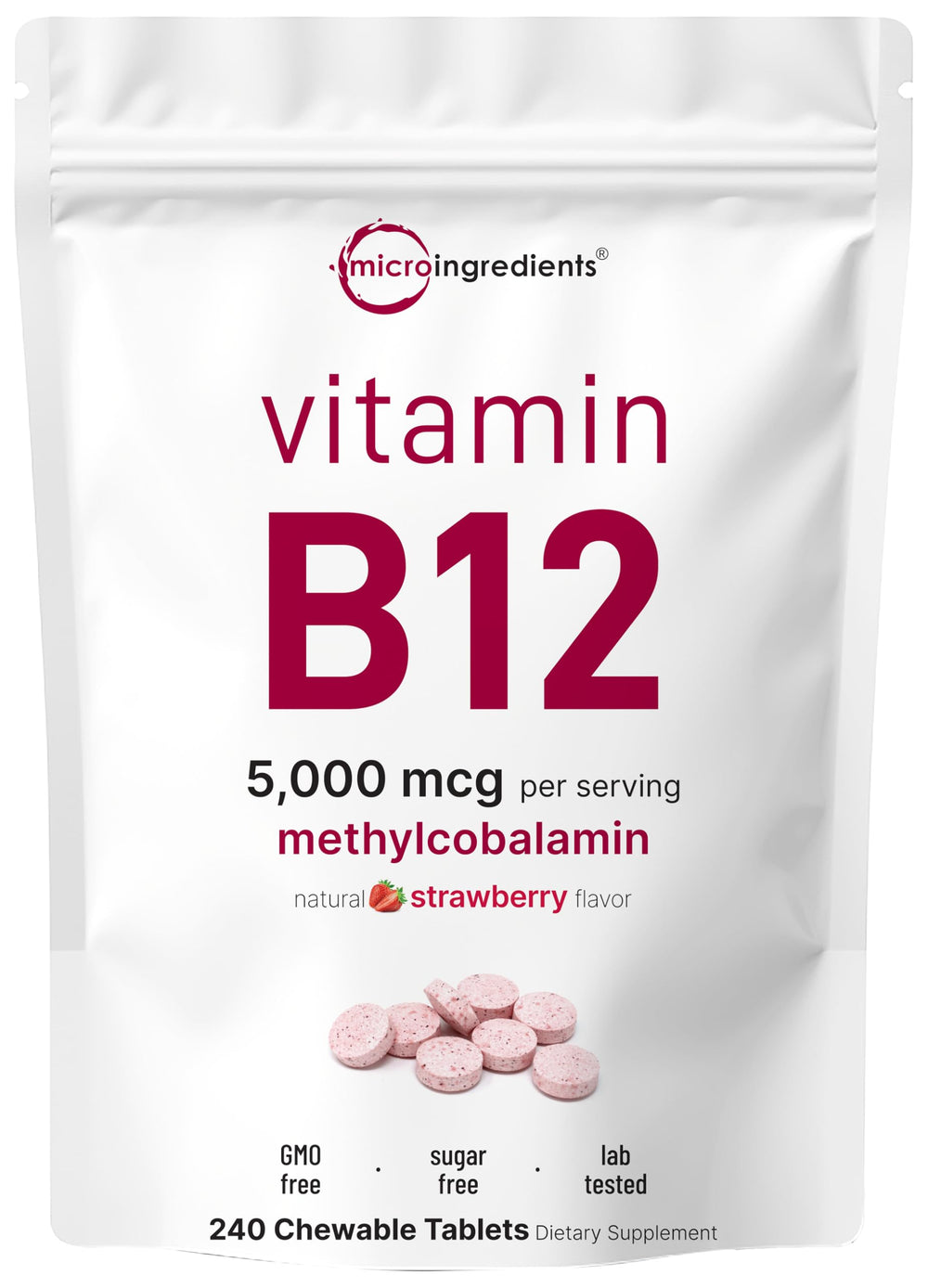 Front view of Micro Ingredients Vitamin B12 5,000 mcg strawberry chewables bottle