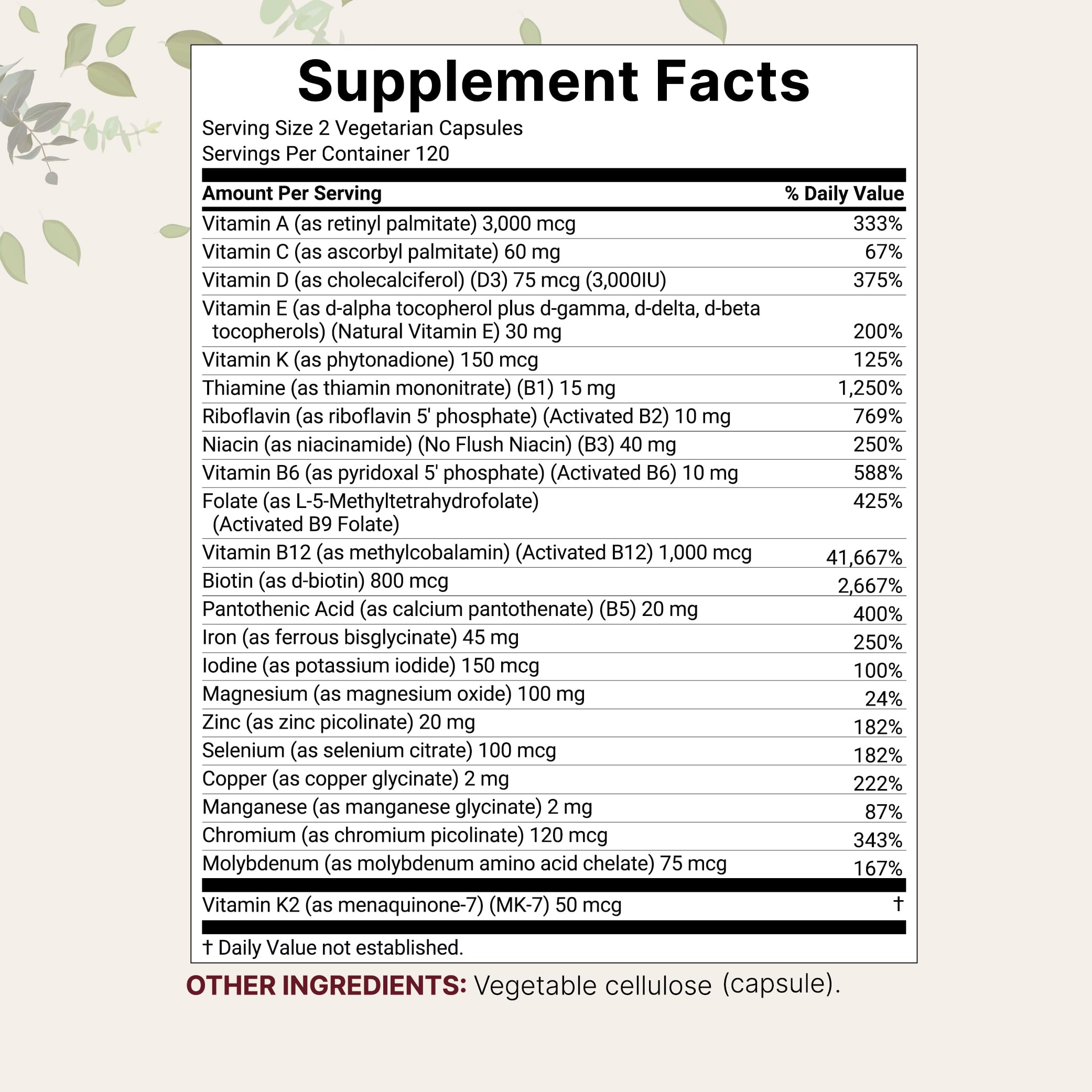 Close-up of methylated vitamins and minerals in the formula