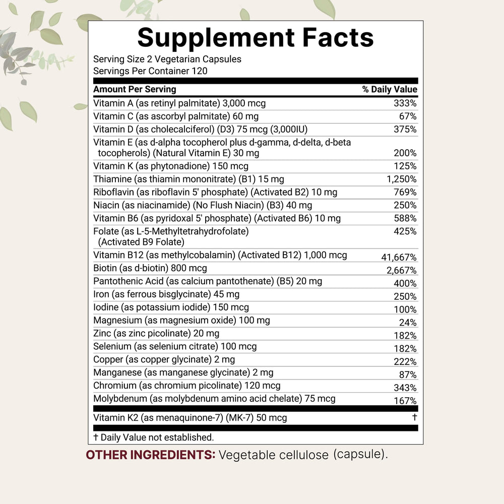Close-up of methylated vitamins and minerals in the formula