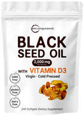 Bottle of Micro Ingredients Black Seed Oil 2000 mg with Vitamin D3 1000 IU, 240 softgels