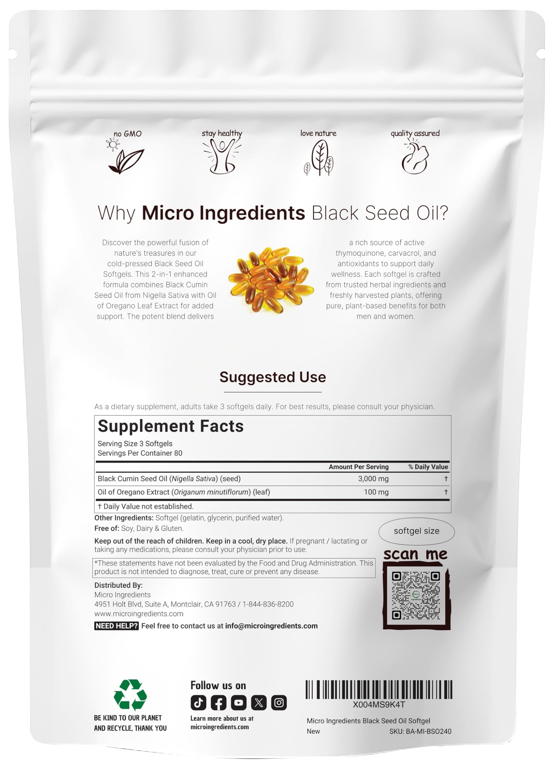 Close-up view of Micro Ingredients Black Seed Oil Softgels capsules