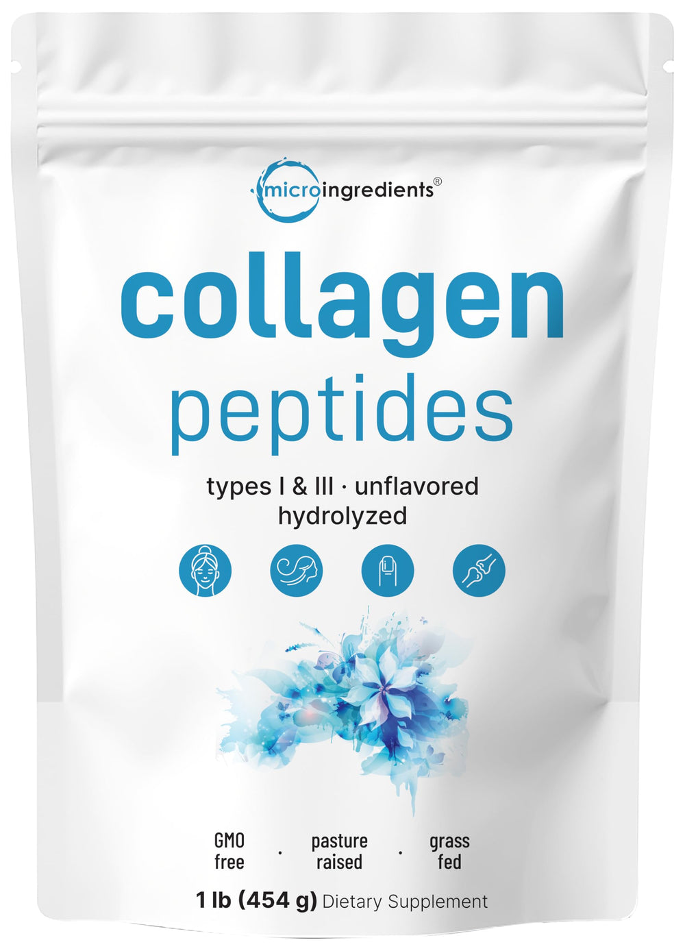 Front view of Micro Ingredients Bovine Collagen Peptides Powder 1lb container