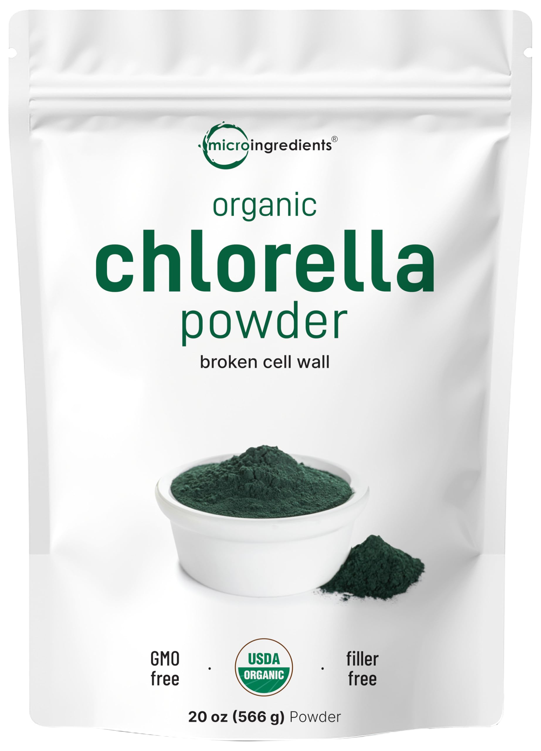 Front view of Micro Ingredients Organic Chlorella Powder 20oz pouch