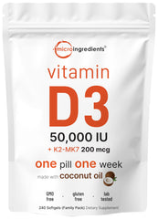 Front view of Micro Ingredients Vitamin D3 50,000 IU + K2 MK-7 200 mcg softgels in a bottle