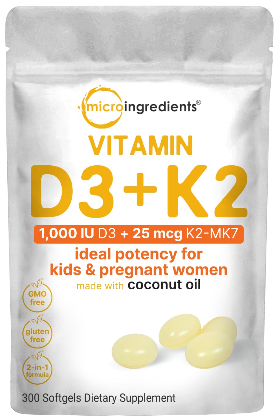Bottle of Micro Ingredients Vitamin D3 1000 IU and K2 MK-7 25 mcg softgels, 300-count