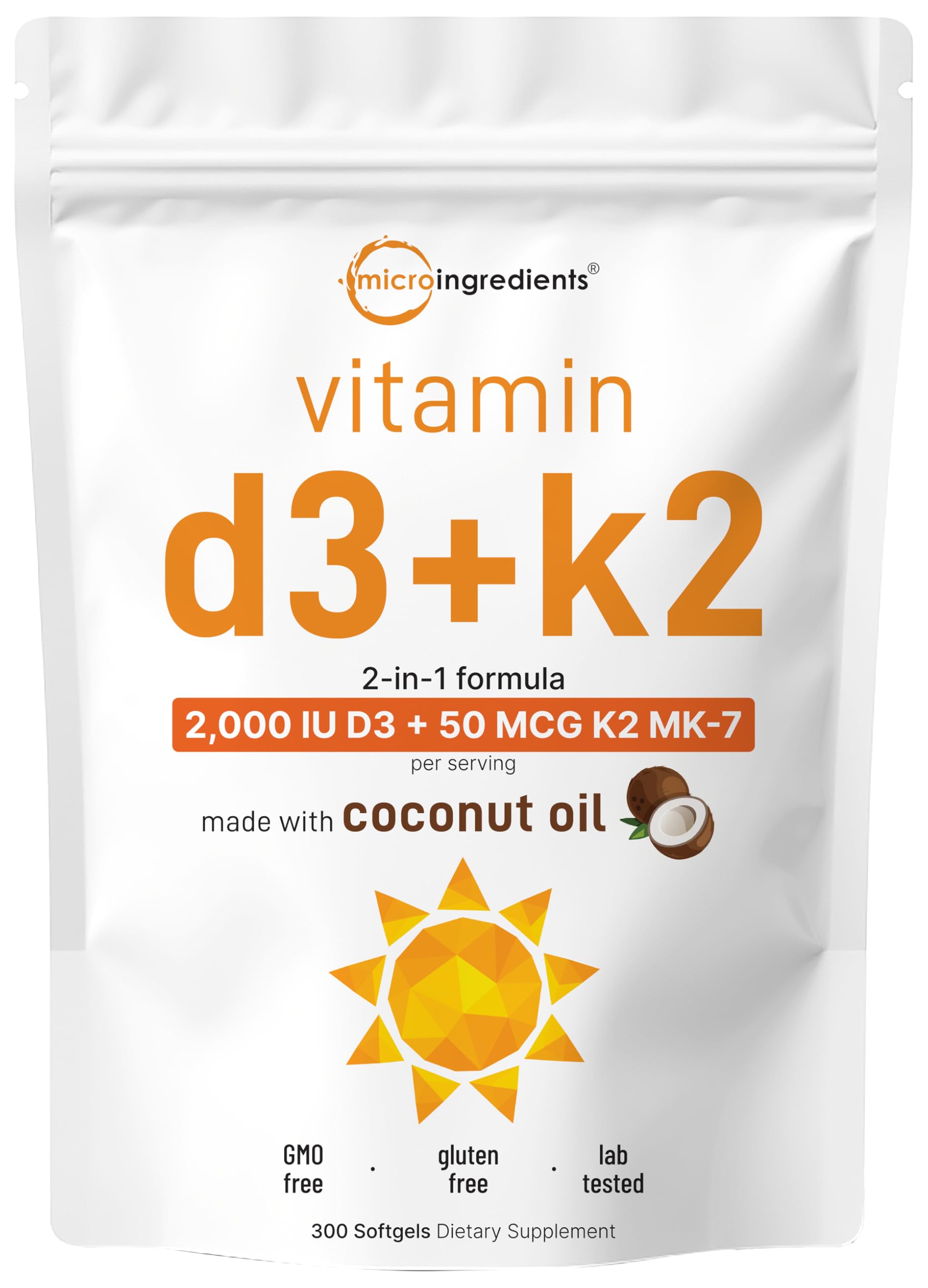 Front view of Micro Ingredients Vitamin D3 2000 IU + K2 MK-7 50 mcg softgels with virgin coconut oil