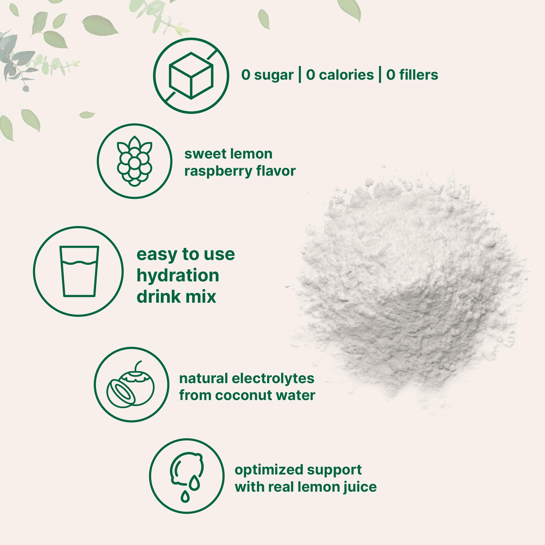 Ingredients illustration featuring coconut water and real lemon juice