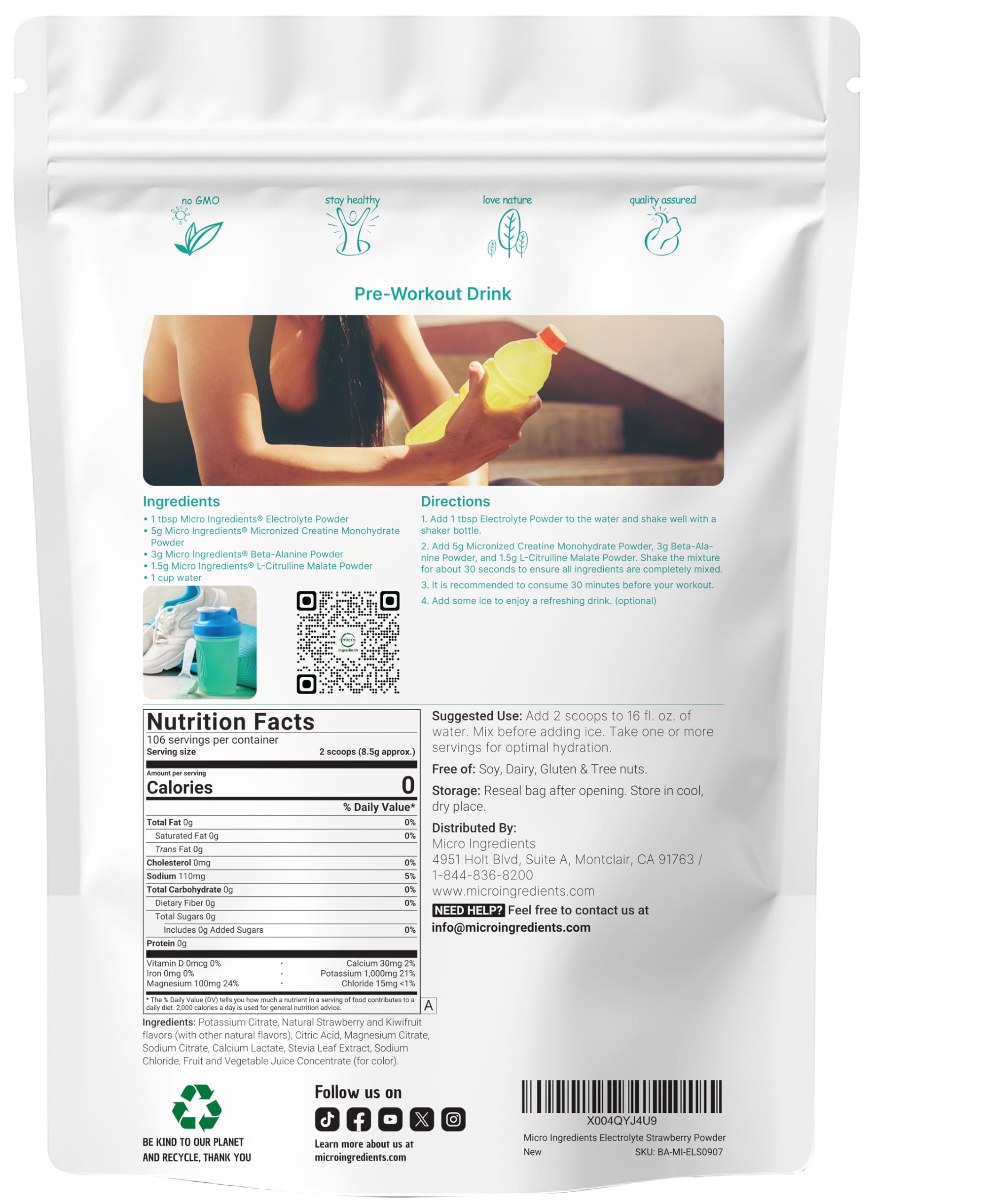 Electrolyte powder ingredients include sodium, potassium, and magnesium