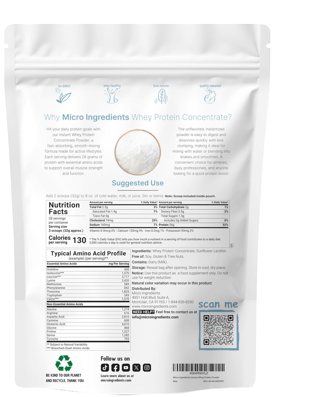 Micro Ingredients Instant Whey Protein Concentrate scoop shows precise serving for protein goals