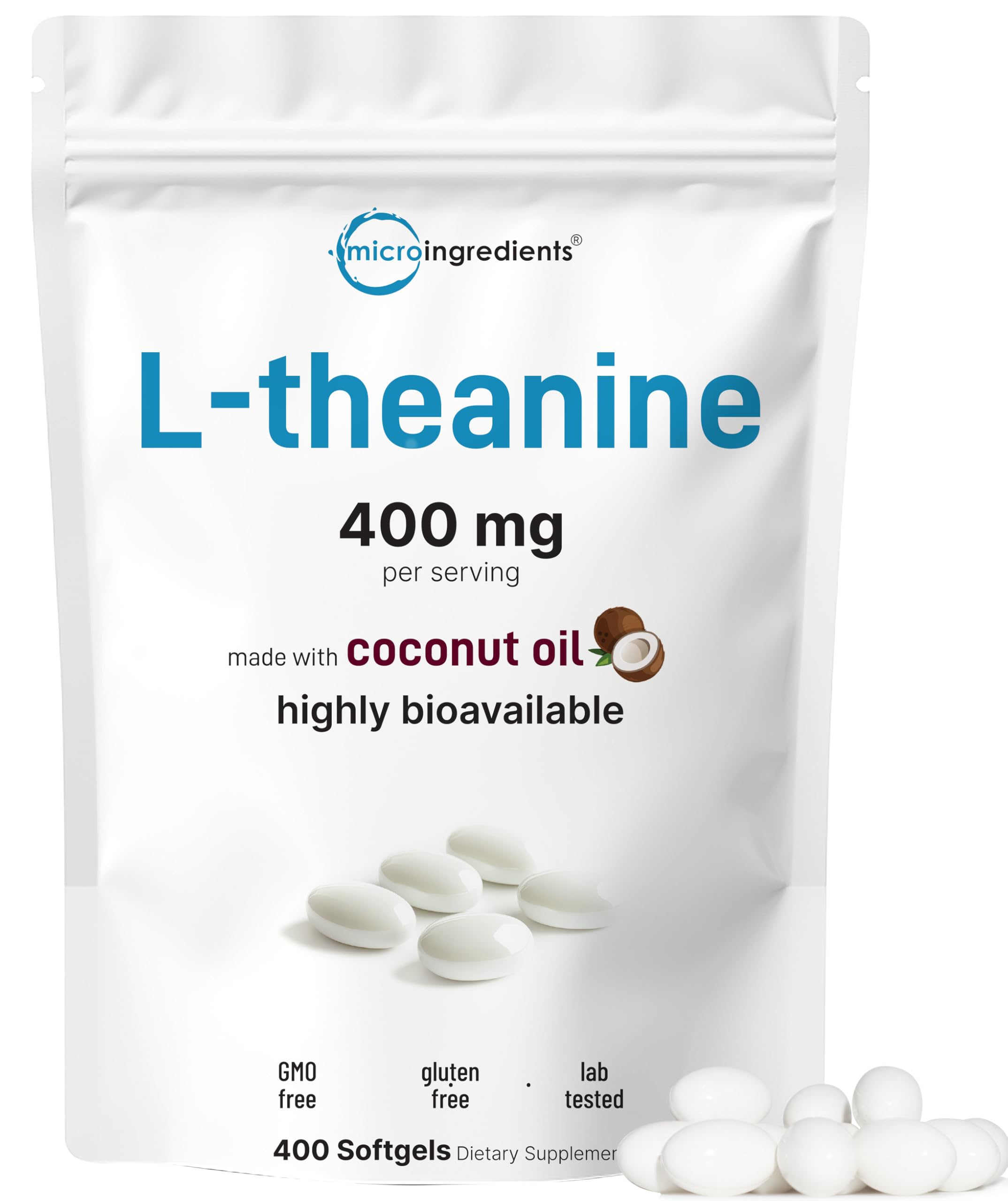 Front view of Micro Ingredients L-Theanine 400mg softgels bottle with coconut oil carrier