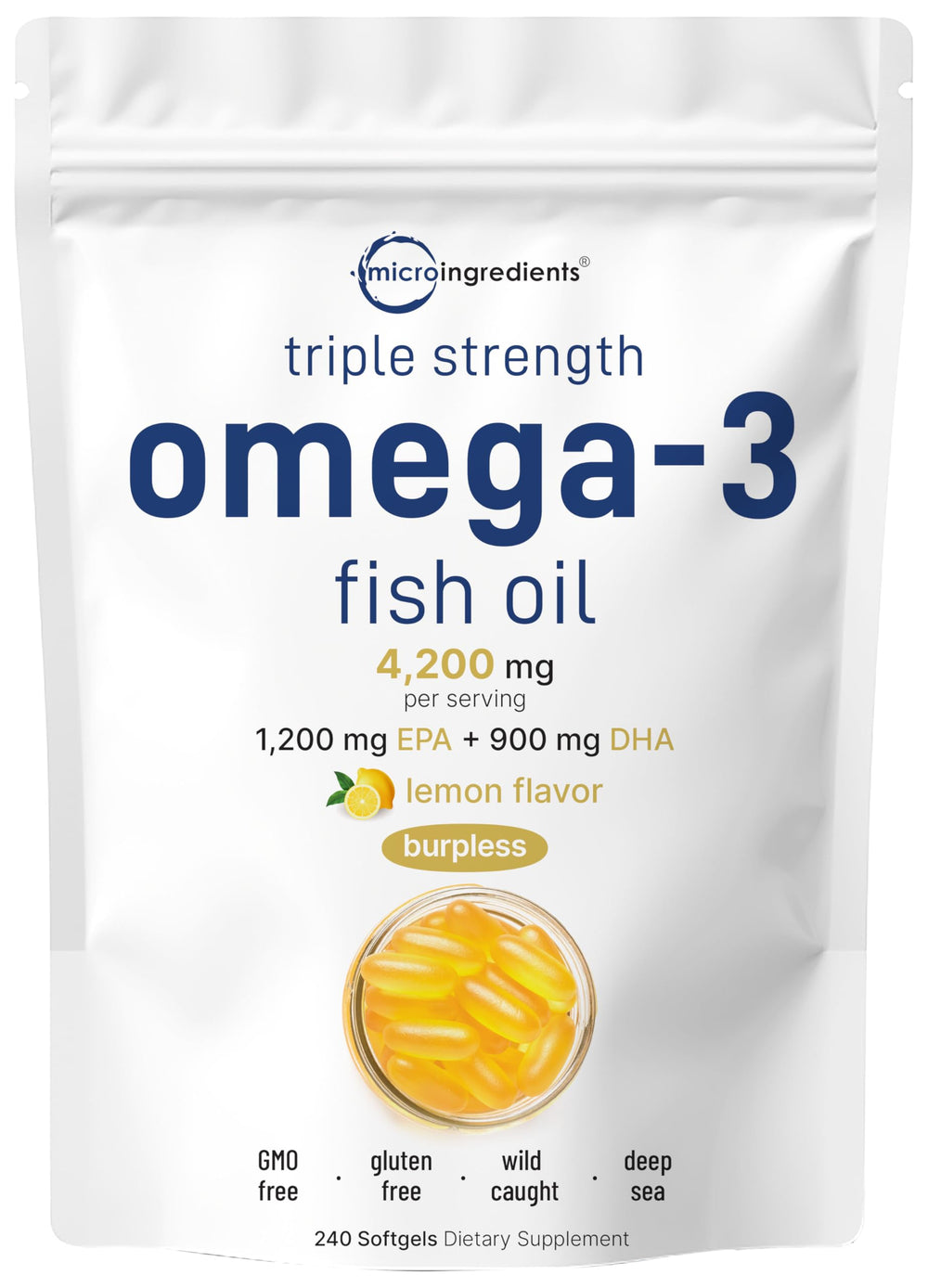 Micro Ingredients lemon omega-3 softgels bottle supports daily heart and brain wellness