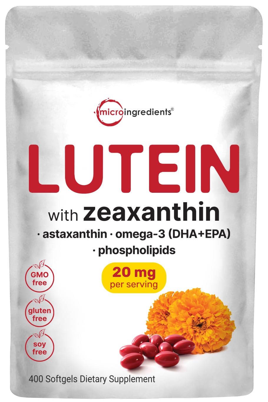 Micro Ingredients Lutein and Zeaxanthin 20mg softgels with astaxanthin, omega-3s, and phospholipids in a 400-count bottle