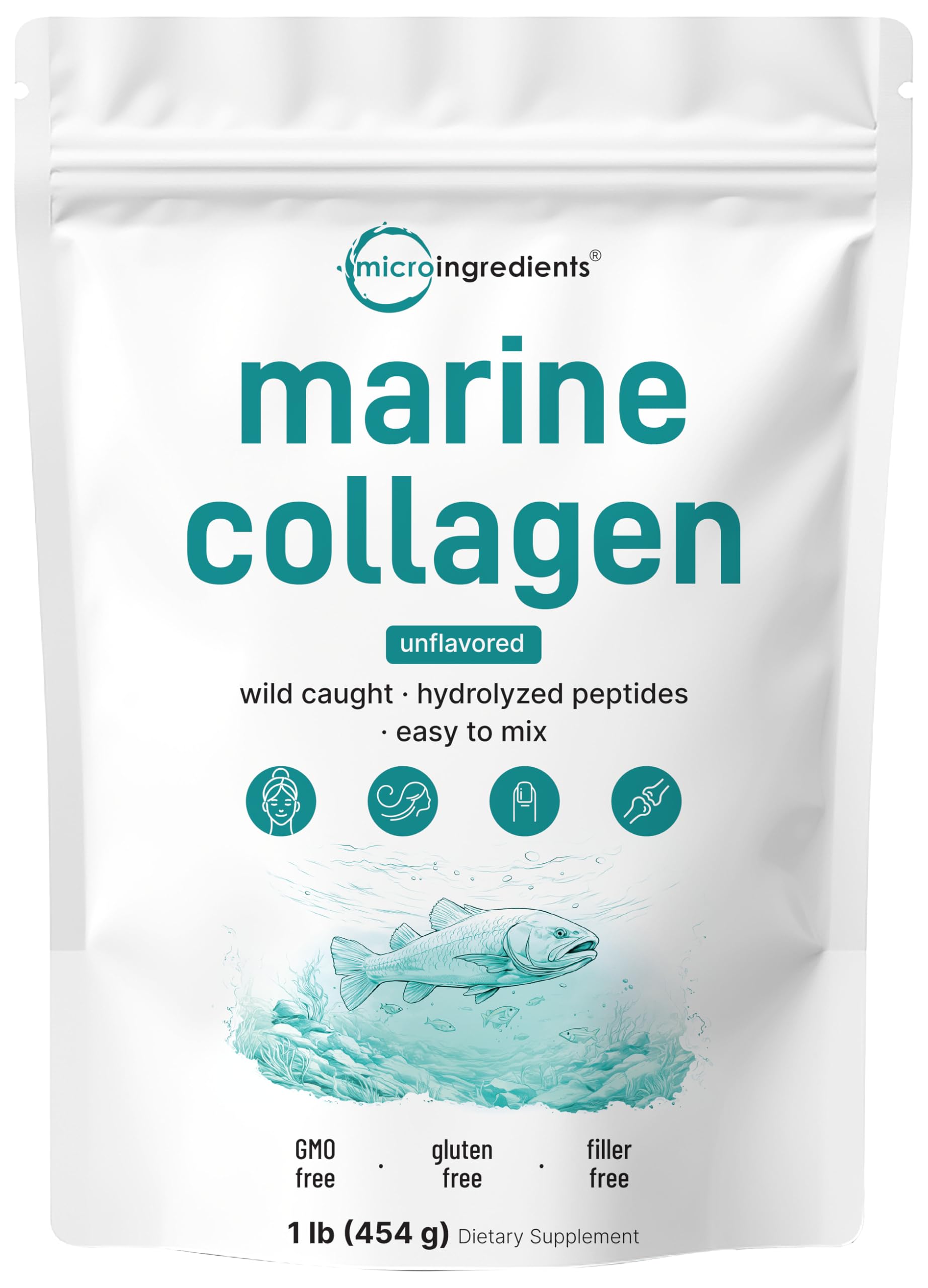 Front view of Micro Ingredients Marine Collagen Peptides Powder 1 lb package