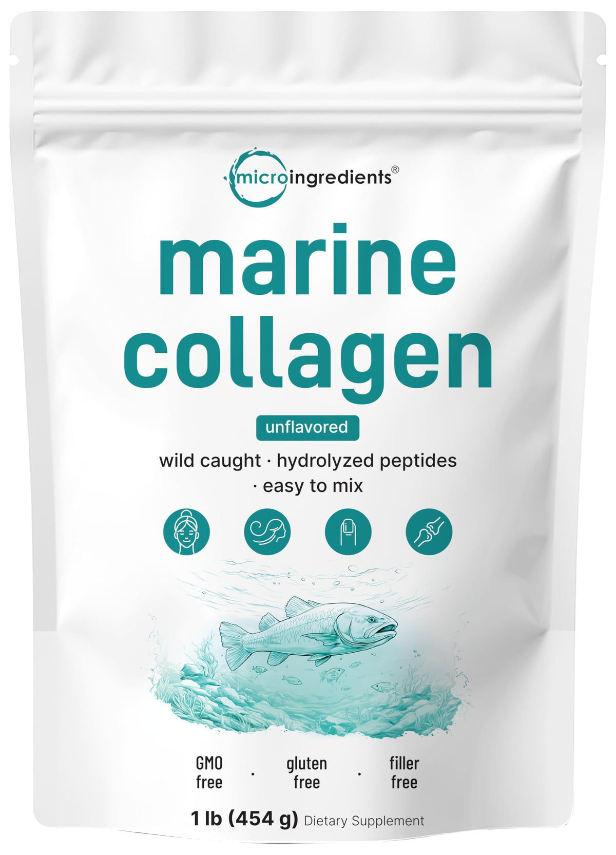 Front view of Micro Ingredients Marine Collagen Peptides Powder 1 lb package