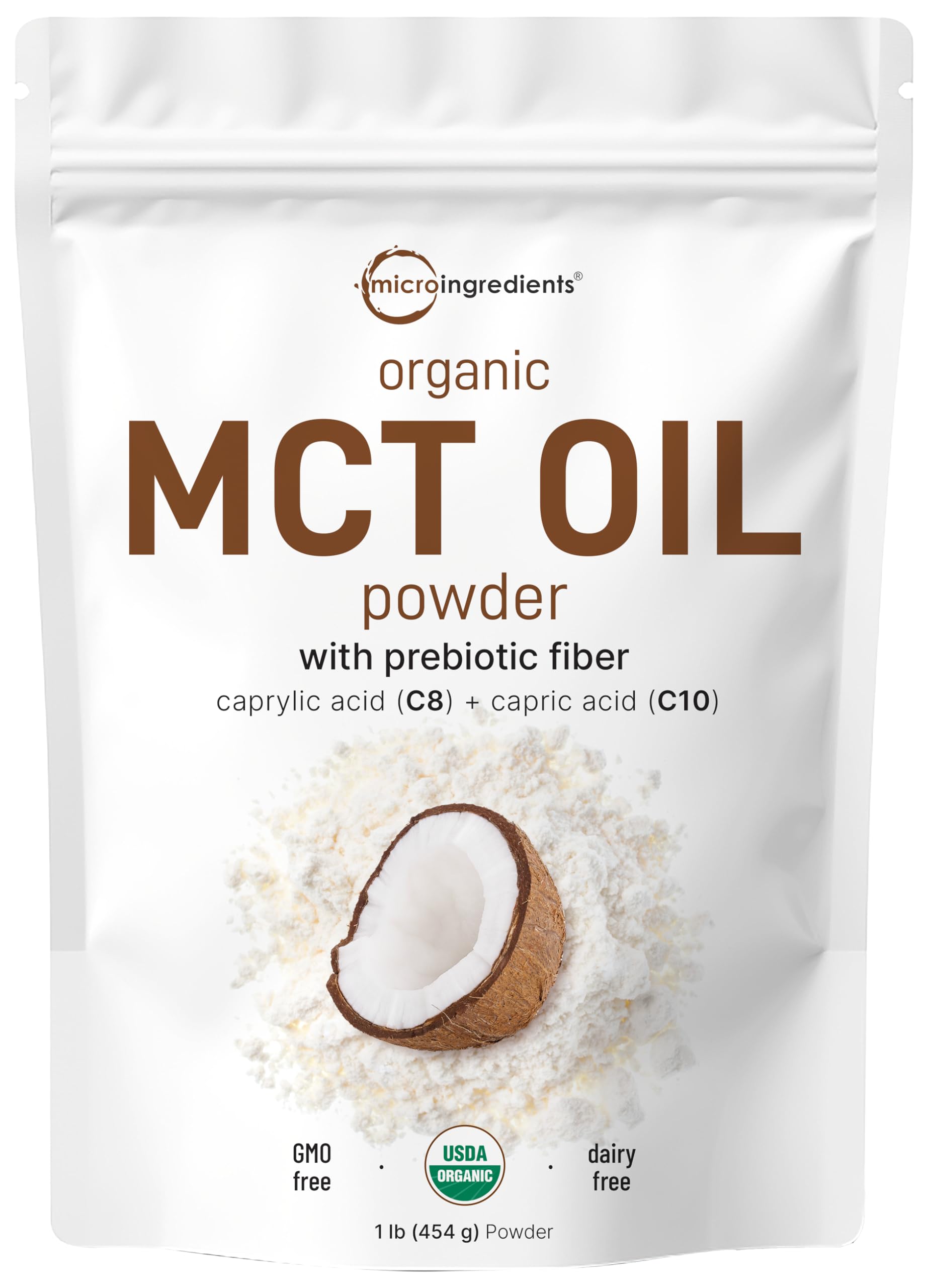 Micro Ingredients MCT Oil Powder bottle shows 70/30 C8/C10 blend for keto routines