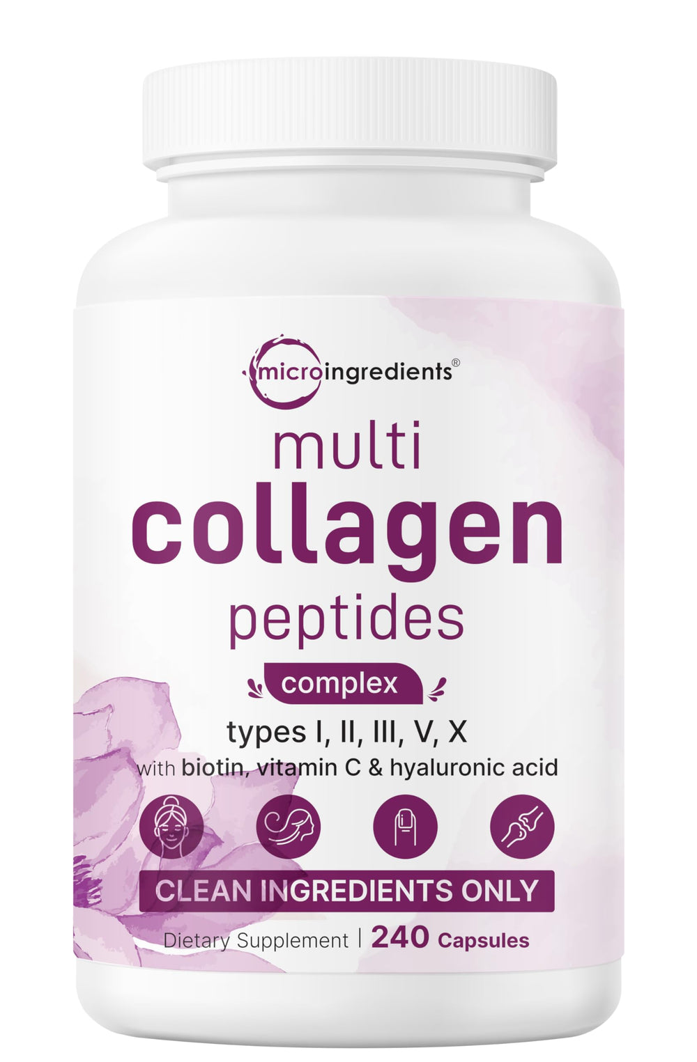 Micro Ingredients Multi Collagen bottle closeup highlighting an 8-in-1 blend for daily wellness.