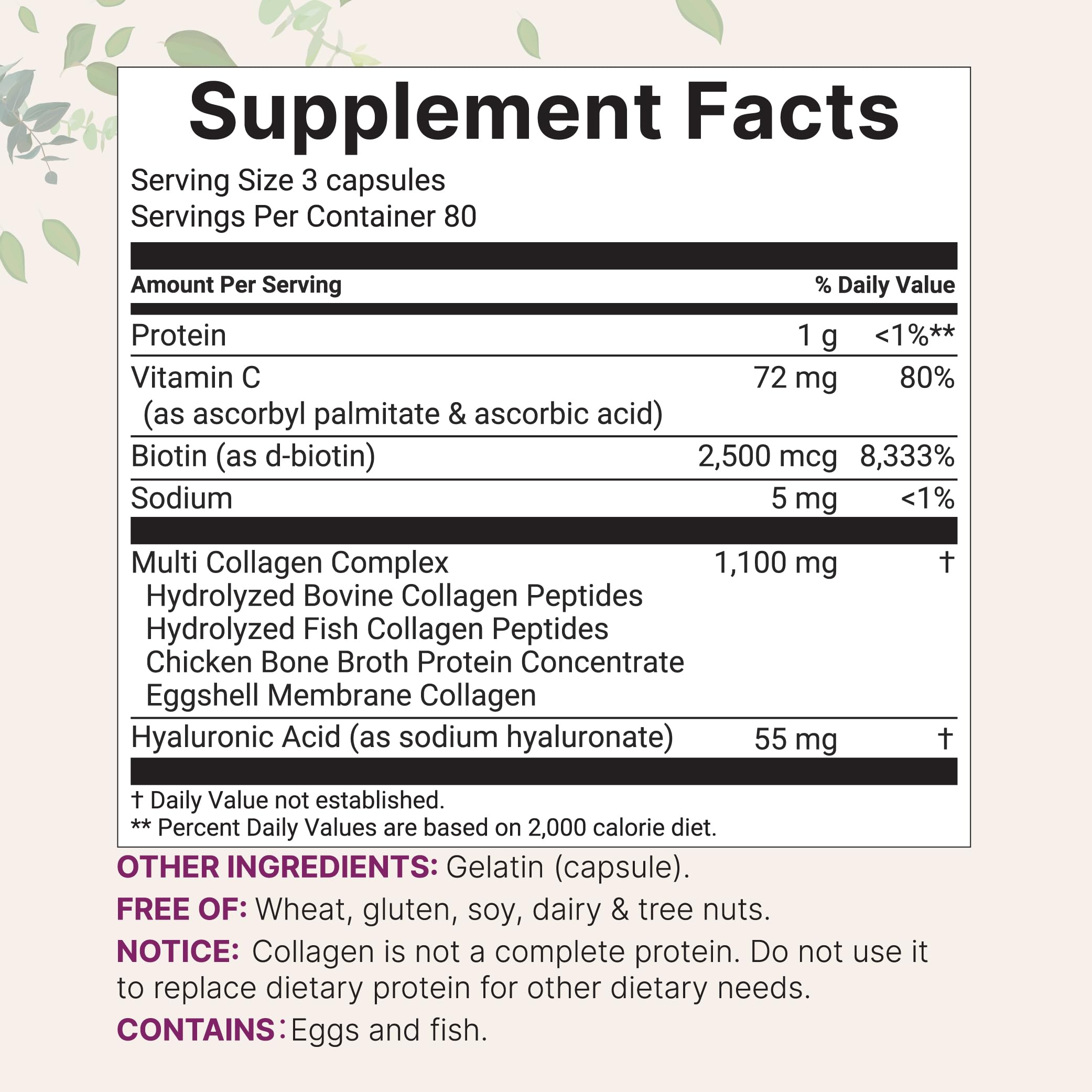 Micro Ingredients Multi Collagen ingredient list featuring Biotin, Hyaluronic Acid, and Vitamin C.