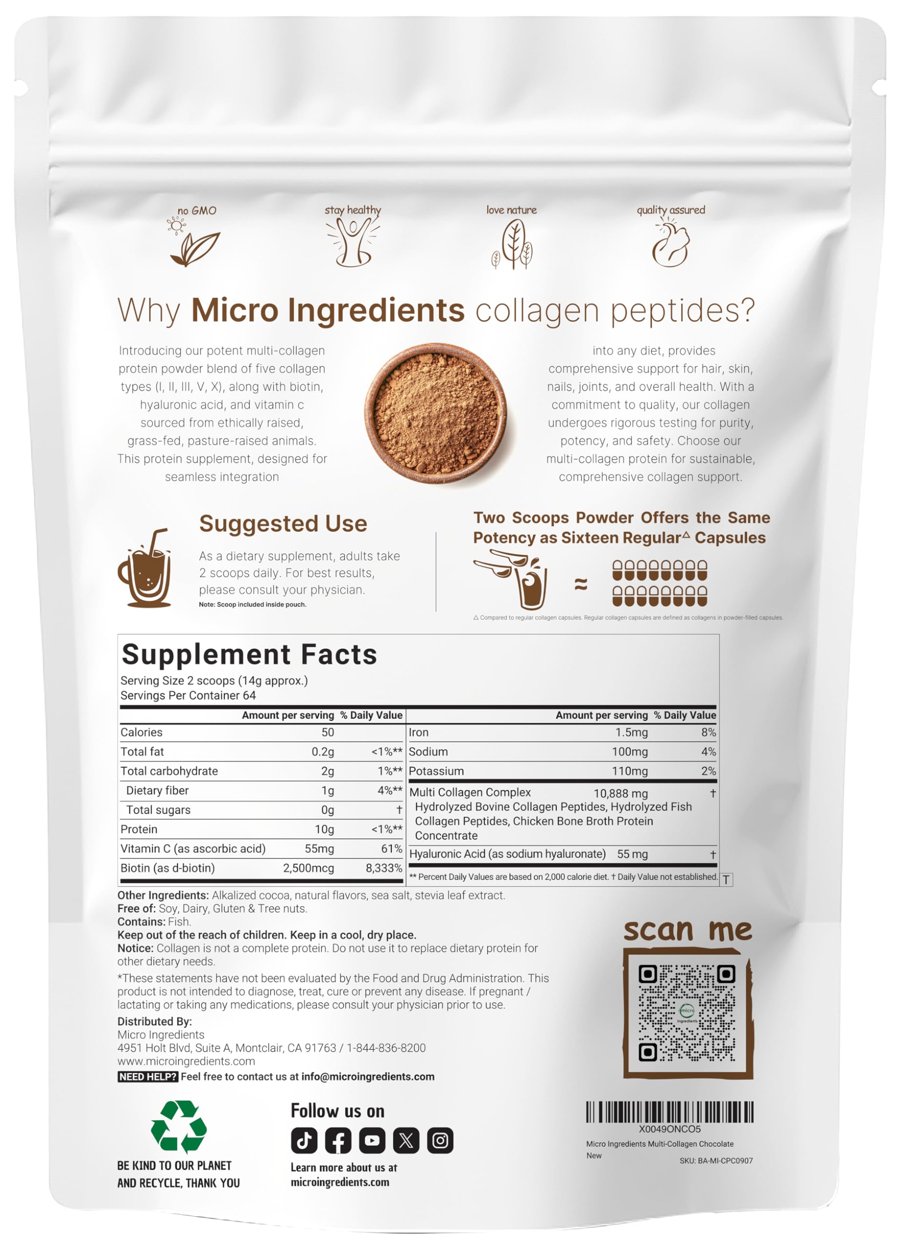 Close-up of chocolate-flavored collagen peptides powder scoop